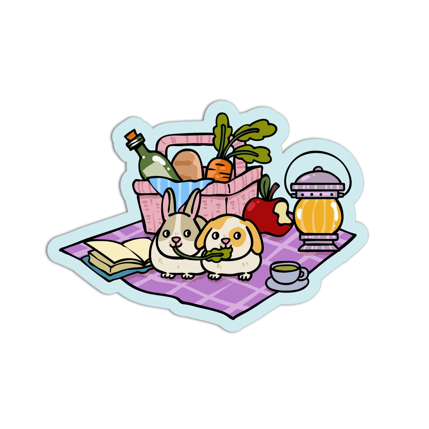 Illustration of a dog and rabbit having a picnic with food and a lantern on a checkered blanket.