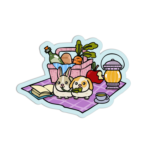 Illustration of a dog and rabbit having a picnic with food and a lantern on a checkered blanket.