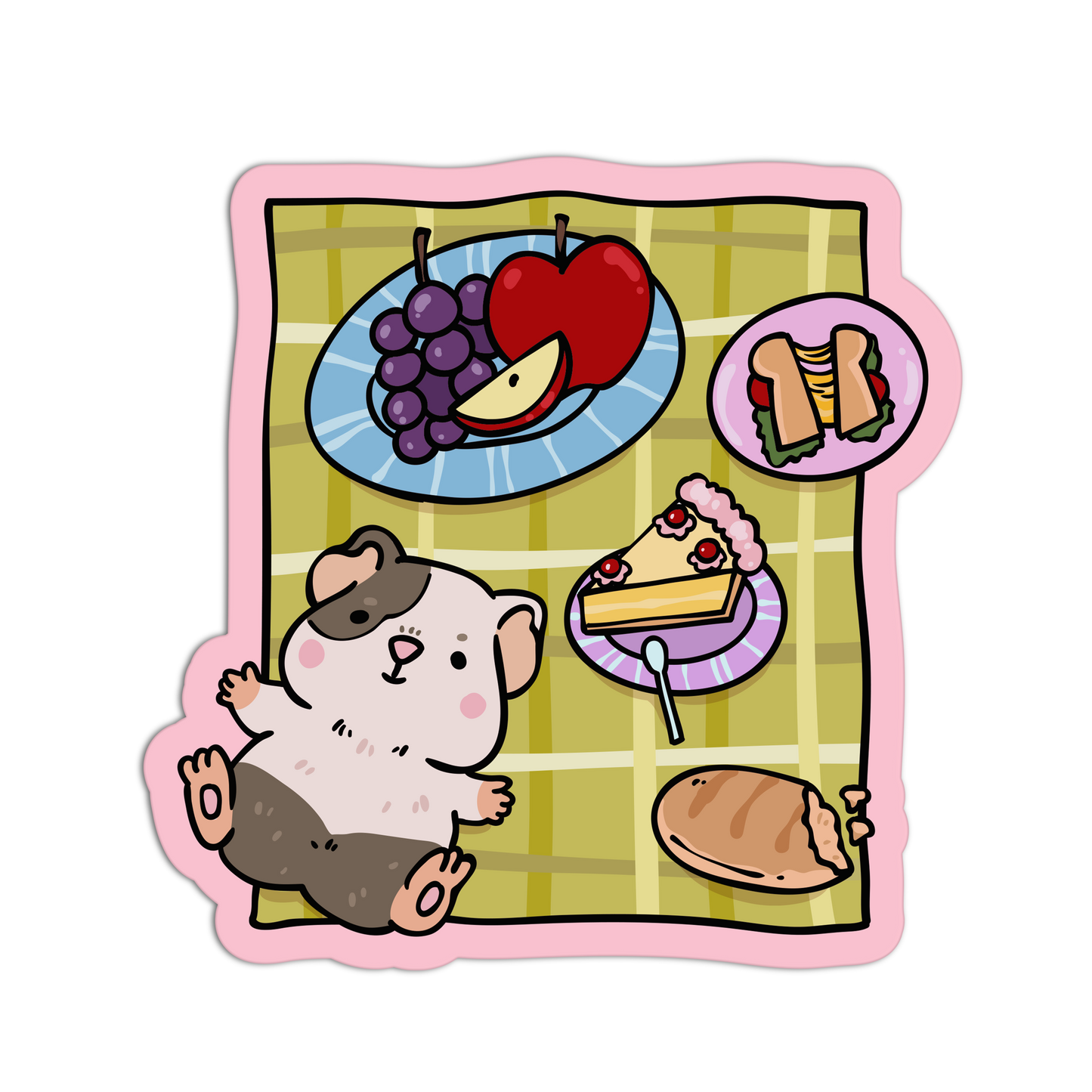 Cartoon cat sitting on a picnic blanket with food items