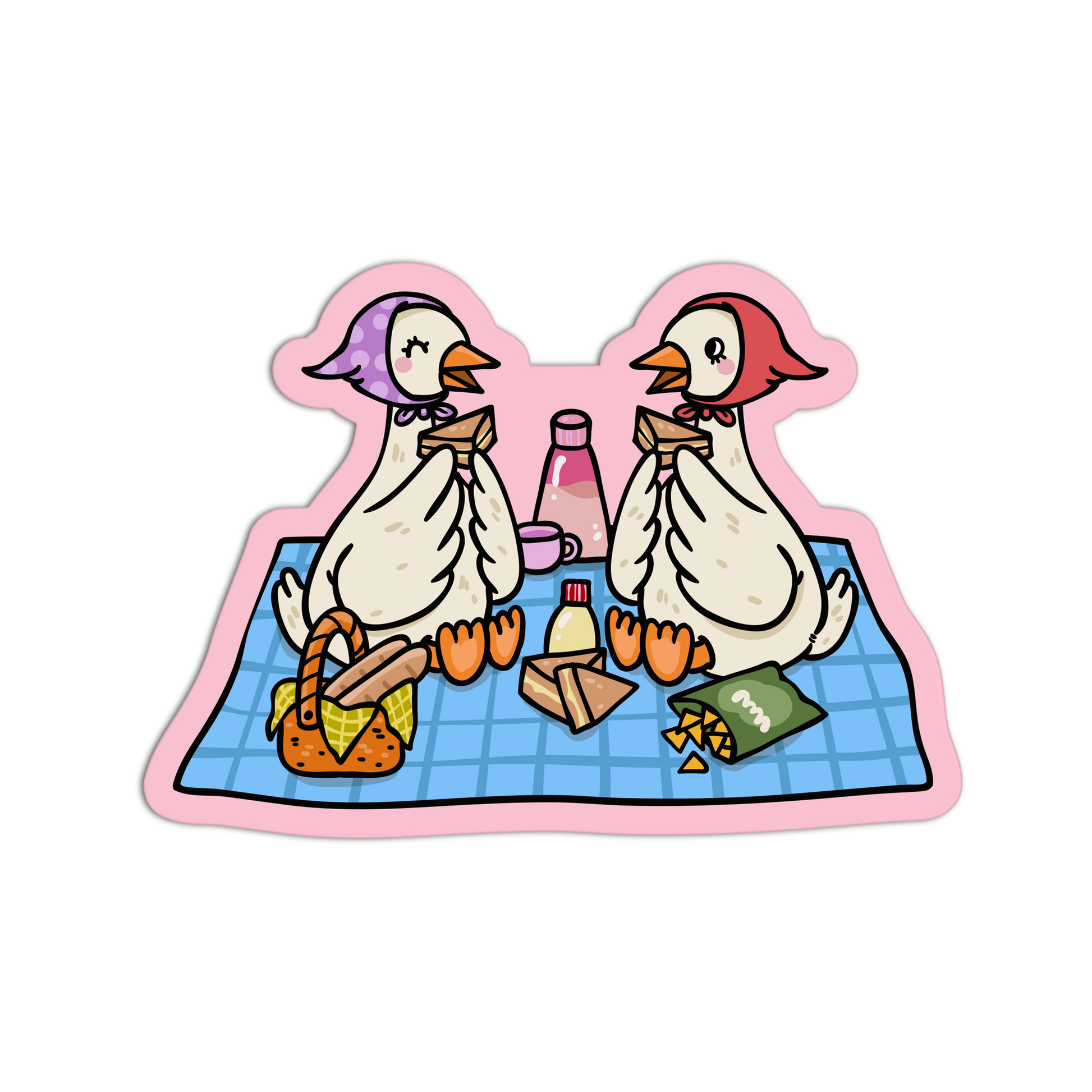 Two cartoon geese having a picnic on a blue blanket with a pink border.