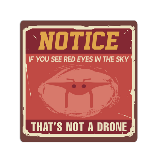 Vintage-style sign with text and a drone illustration on a red background