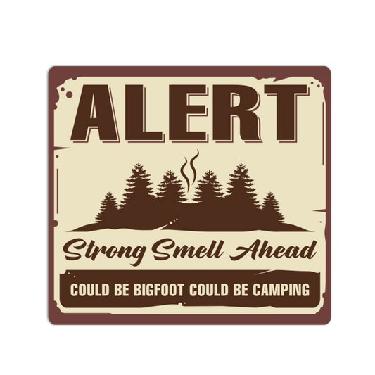 Vintage-style sign with forest design and humorous text on a beige background