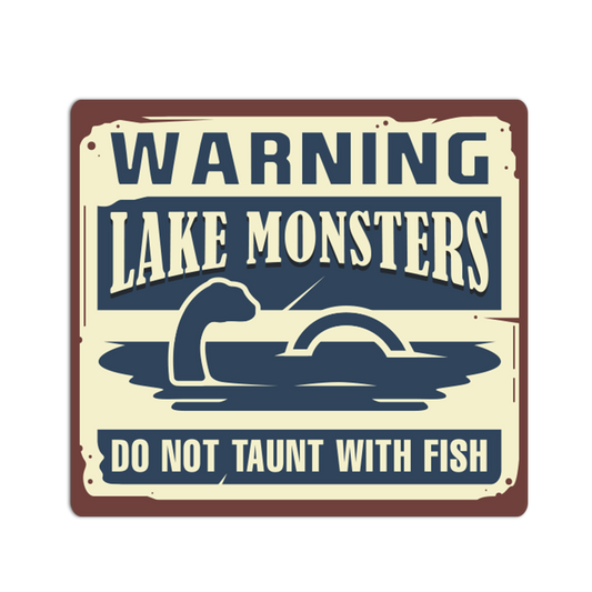 Vintage-style sign with a lake monster design and text on a white background
