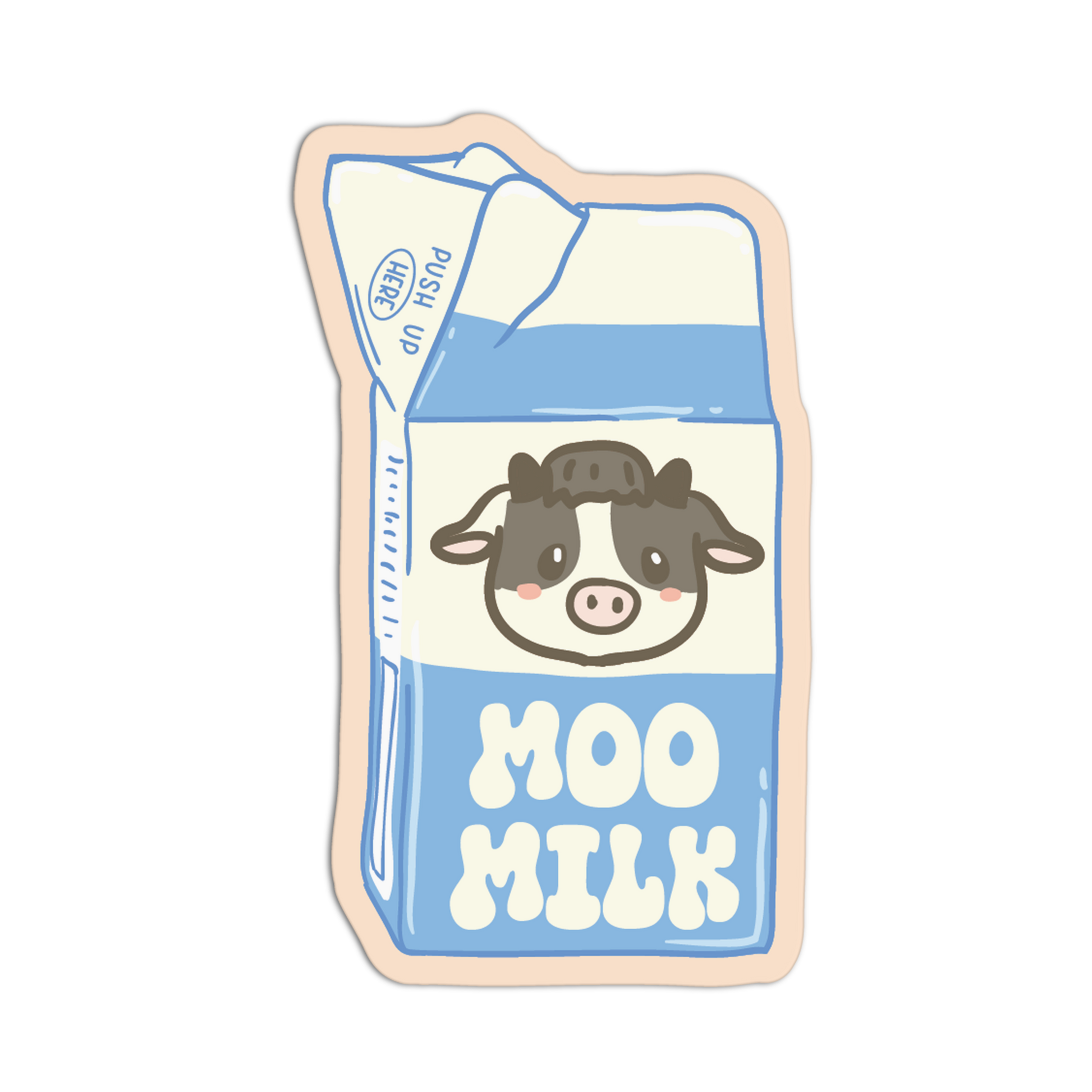 Cartoon-style milk carton with a cow face and 'MOO MILK' text on a white background