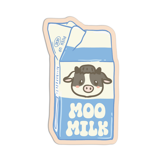 Cartoon-style milk carton with a cow face and 'MOO MILK' text on a white background