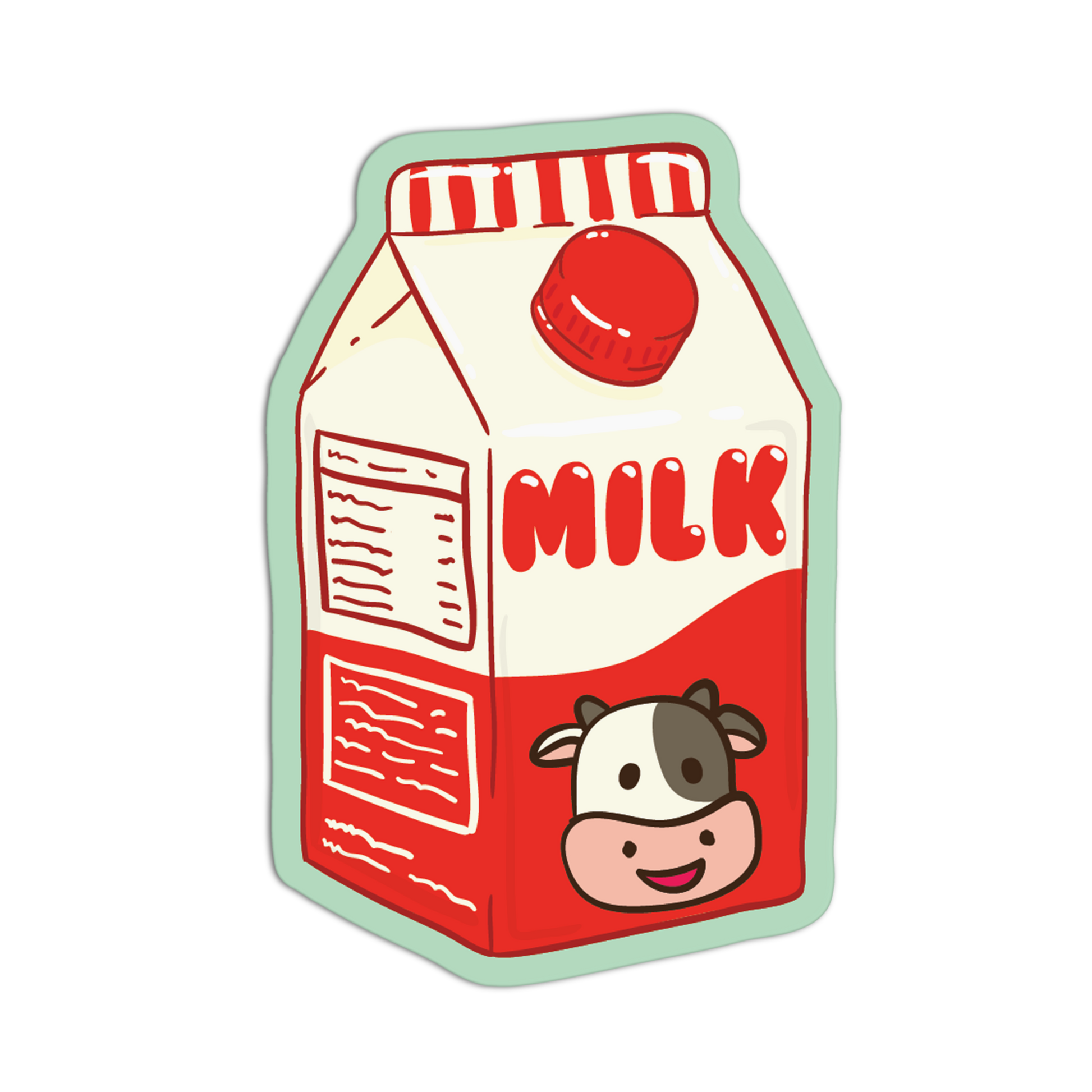 Cartoon-style milk carton with a cow illustration on a white background