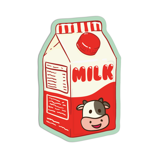 Cartoon-style milk carton with a cow illustration on a white background