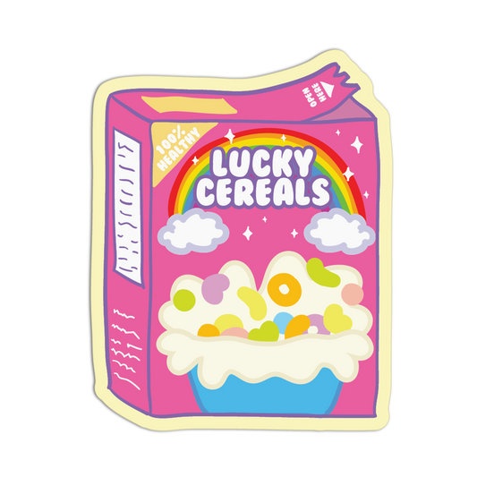 Pink cereal box with rainbow and cloud design on a white background