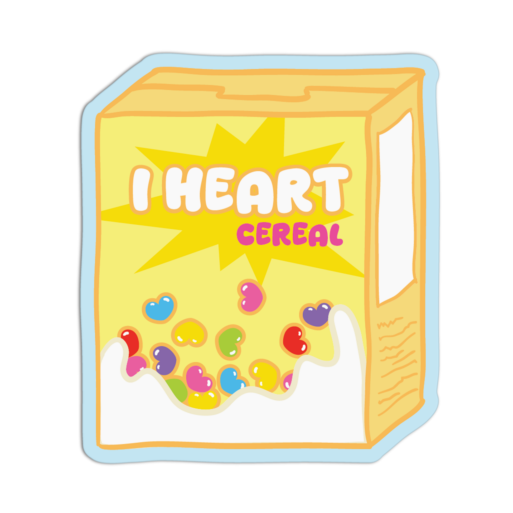 Sticker of a cereal box with 'I HEART CEREAL' text on a white background
