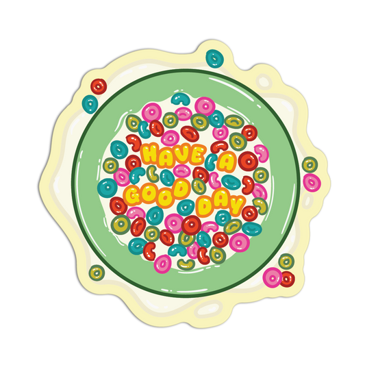 Colorful cereal bowl with 'Have a Good Day' text on a white background