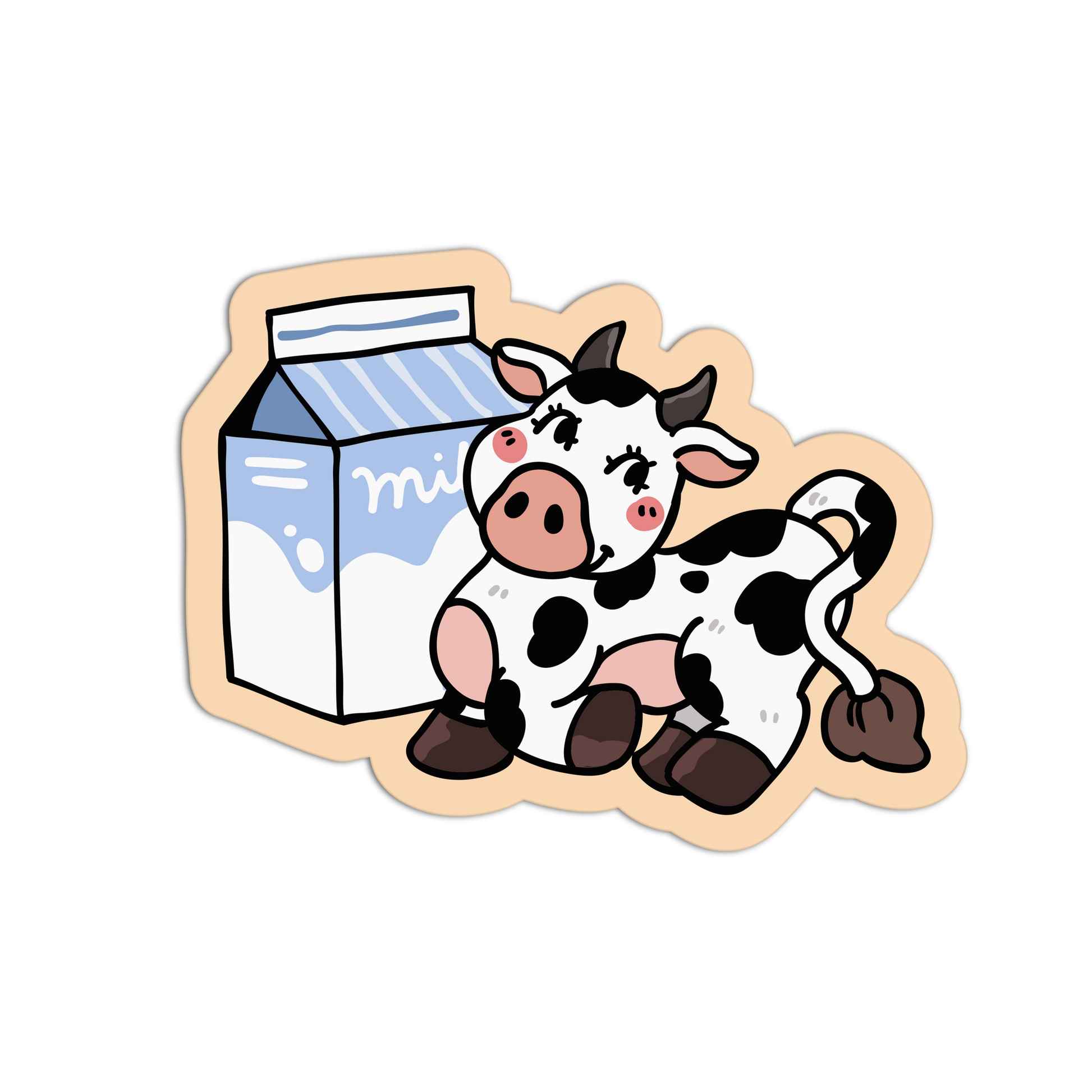 Cartoon cow with a milk carton on a white background