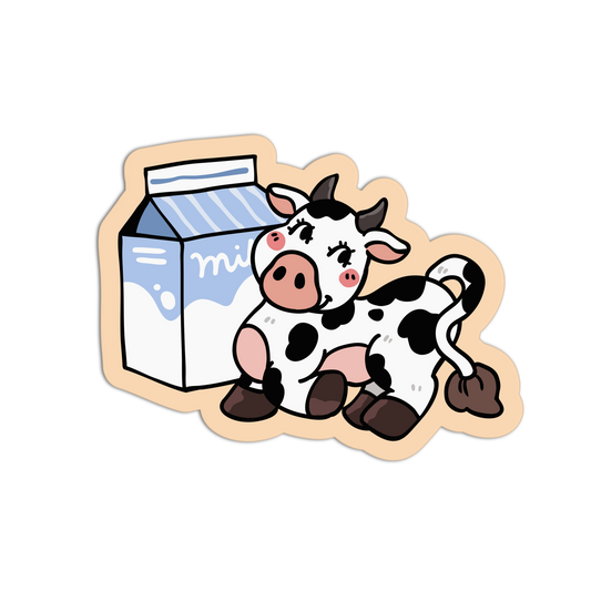Cartoon cow with a milk carton on a white background
