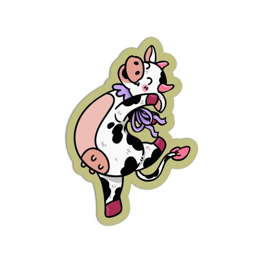 Cartoon cow in a tutu with a pink bow on a white background