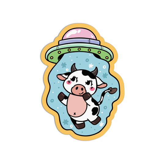 Cartoon cow with a UFO above it on a white background