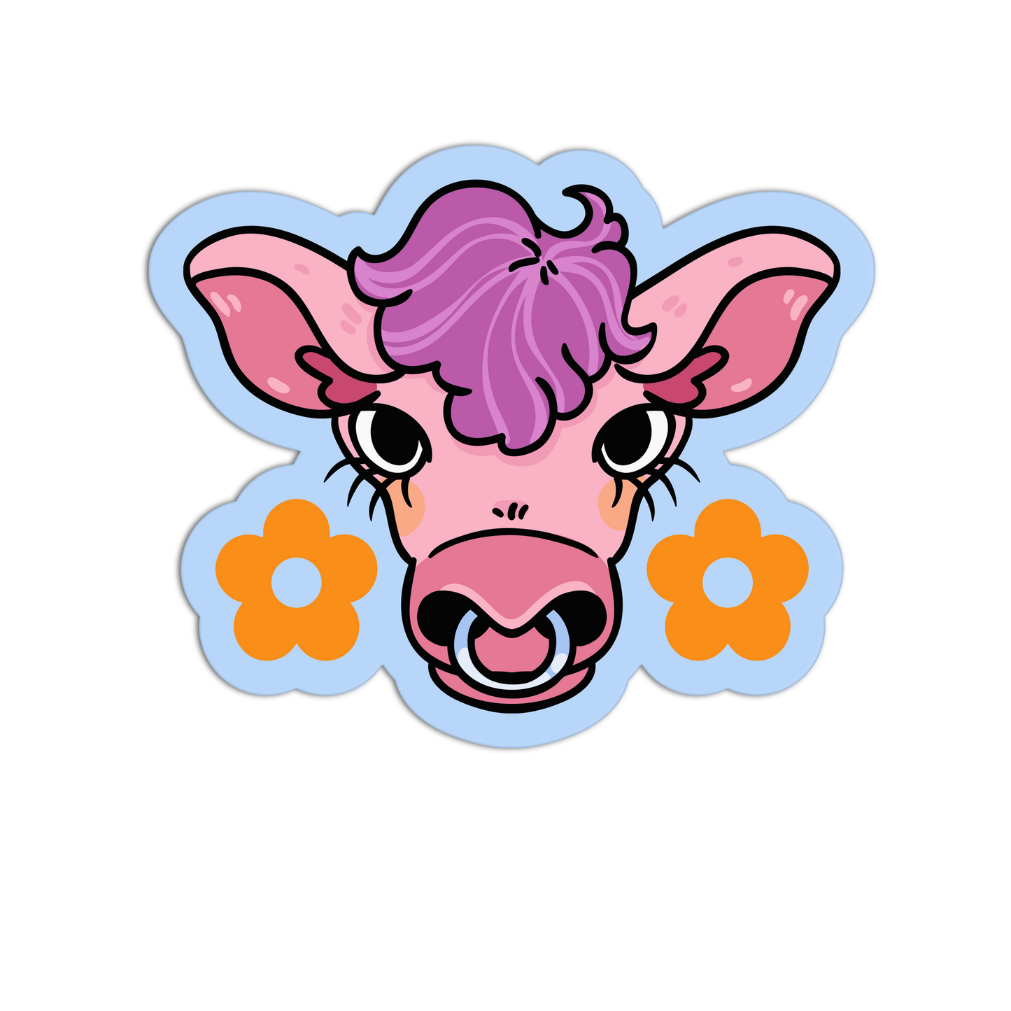 Cartoon cow face with purple hair and flowers on a white background