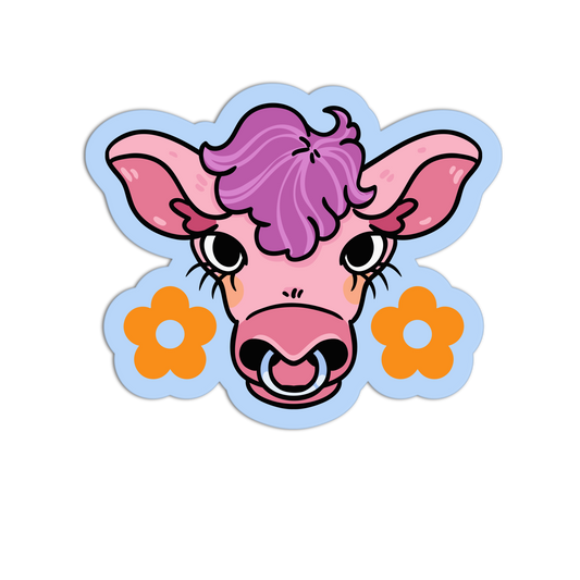 Cartoon cow face with purple hair and flowers on a white background