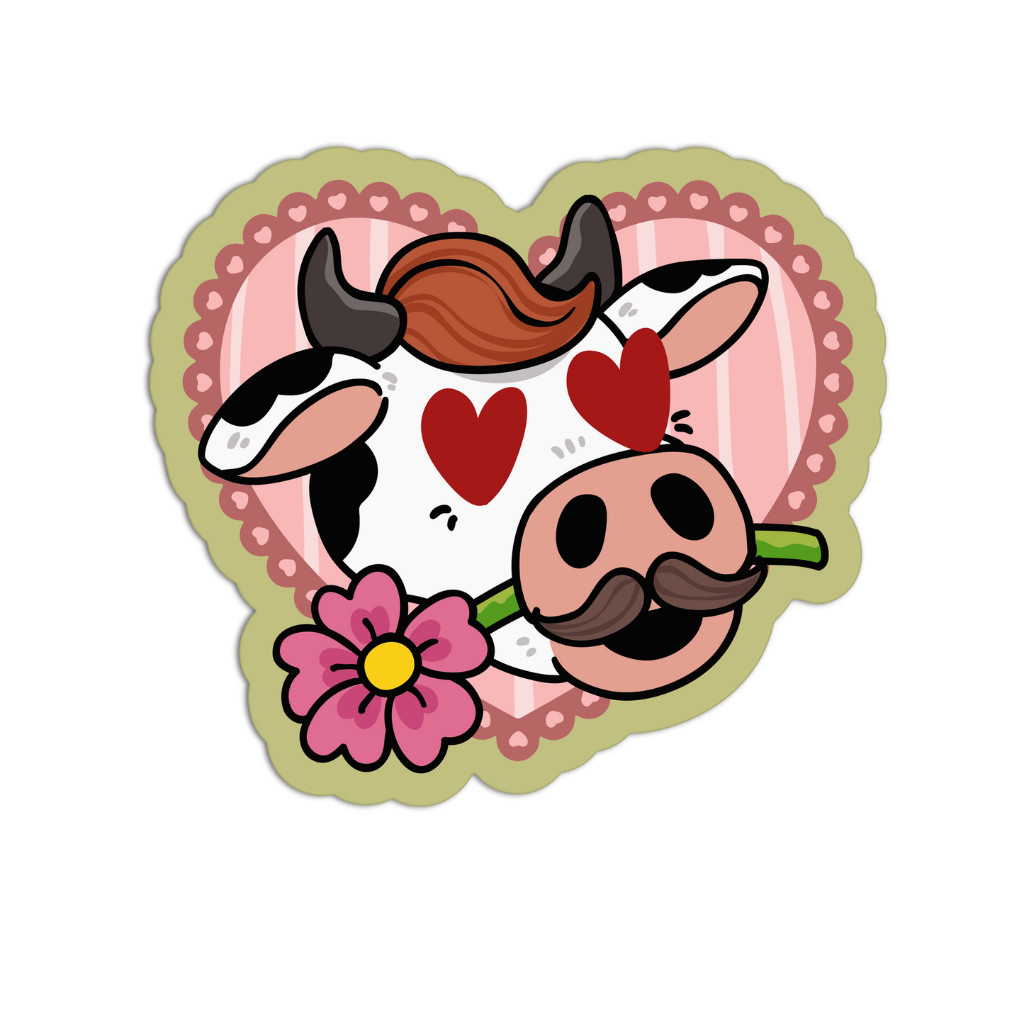 Cartoon cow with a heart, flower, and mustache on a white background