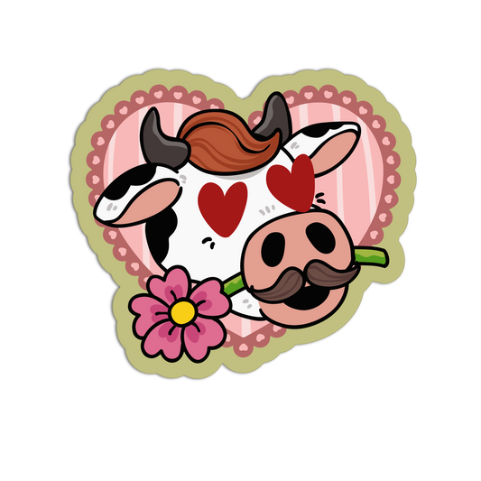 Cartoon cow with a heart, flower, and mustache on a white background