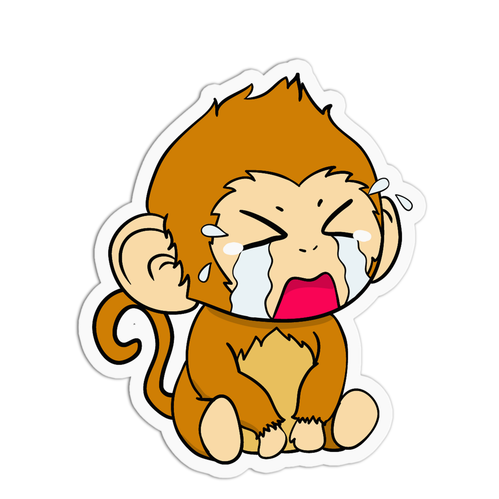 A cartoon sticker of a crying brown monkey with white tears and a pink mouth, outlined in white on a black background.