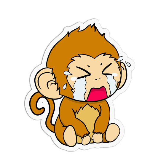 A cartoon sticker of a crying brown monkey with white tears and a pink mouth, outlined in white on a black background.