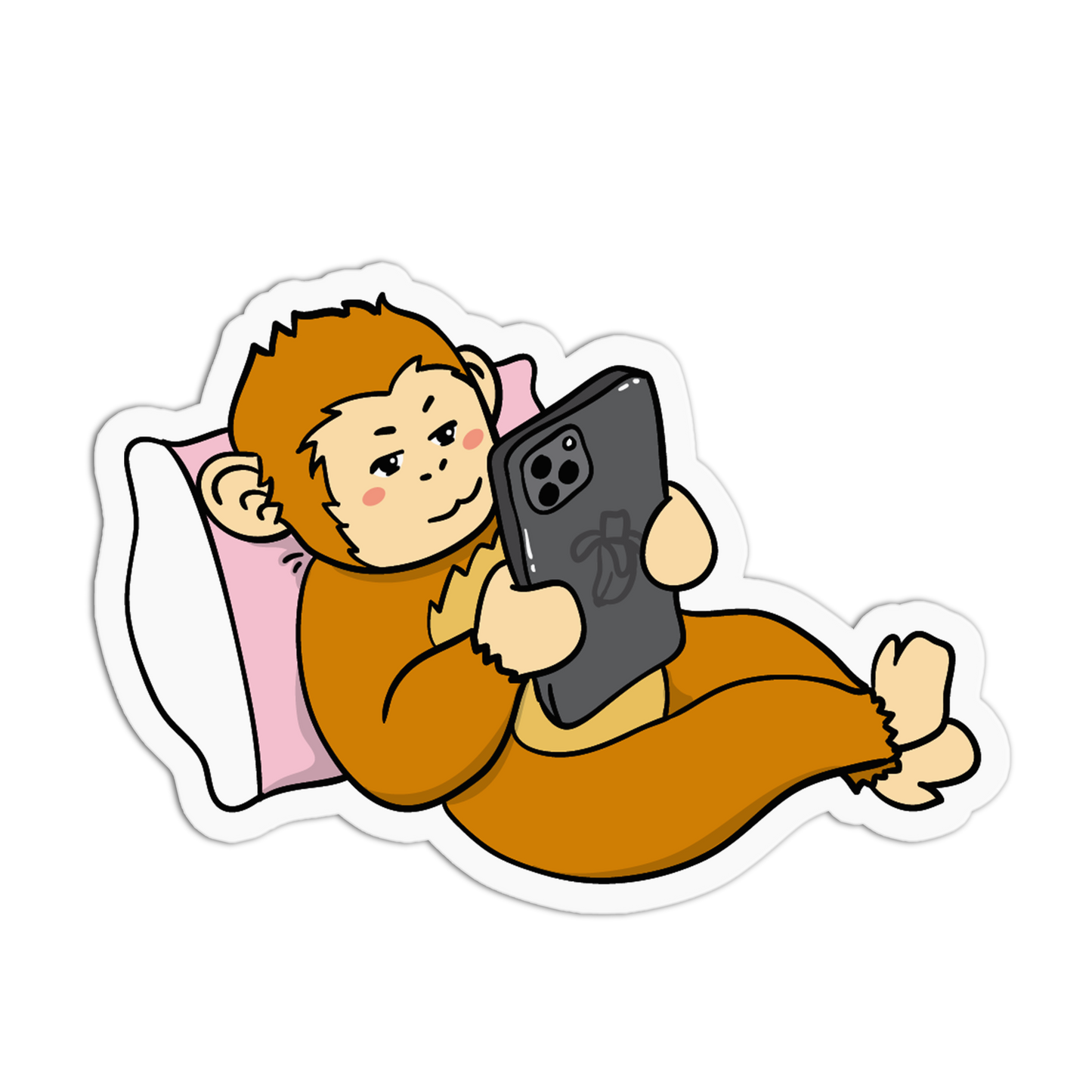 A cartoon die-cut sticker of a sleeping orange monkey lying on a pink pillow and holding a black smartphone, shown on a plain white background.