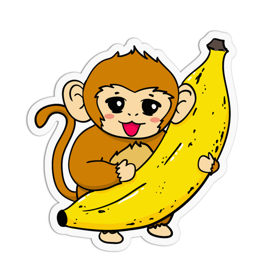 A cartoon die-cut sticker featuring a smiling brown monkey holding a large yellow banana, shown on a plain white background.