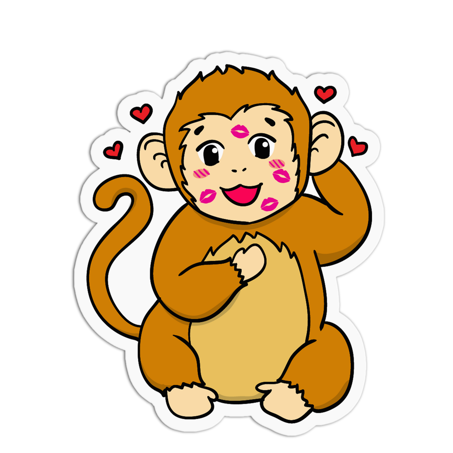 A cartoon monkey sticker or decal with a brown and tan body, pink lipstick marks, and small red hearts floating around it on a white background.