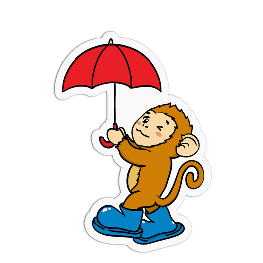 A cartoon monkey holding a red umbrella and wearing blue rain boots, shown as a die-cut sticker on a plain white background.