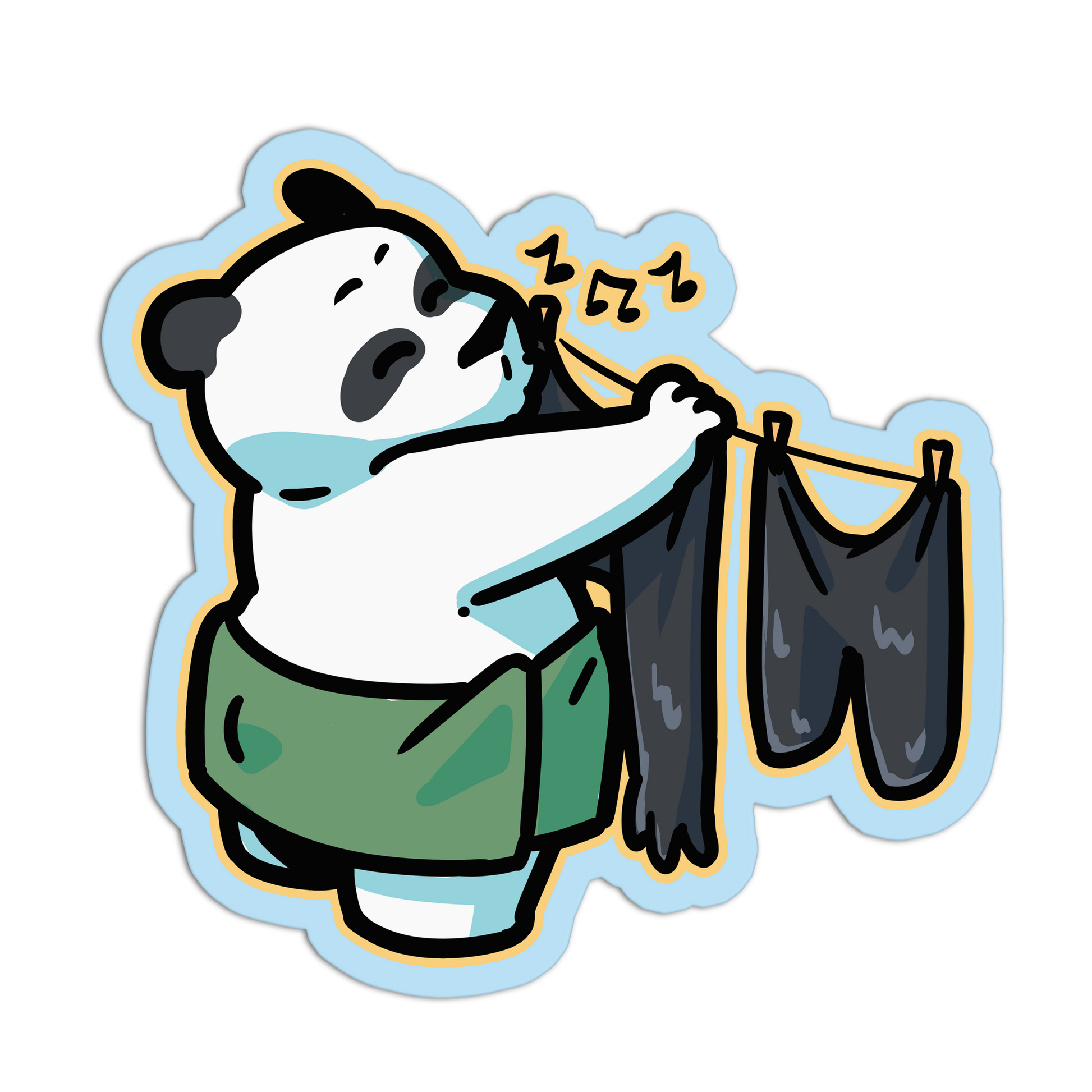Cartoon bear character hanging clothes on a line with music notes above, on a white background.
