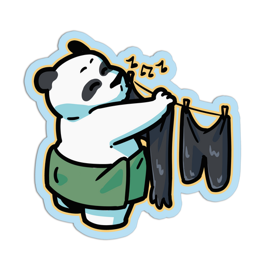 Cartoon bear character hanging clothes on a line with music notes above, on a white background.