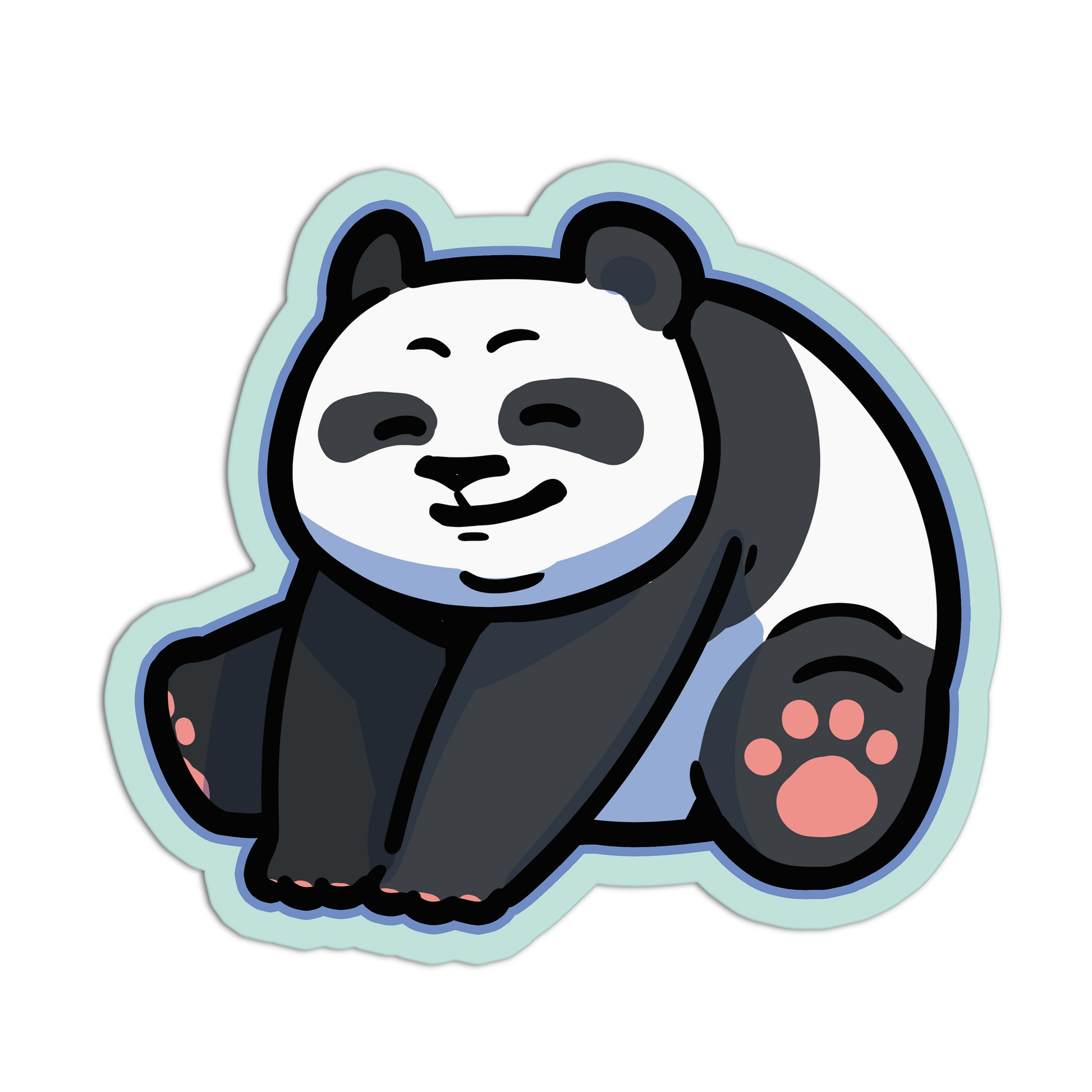 Cartoon panda sticker with a light blue border on a white background
