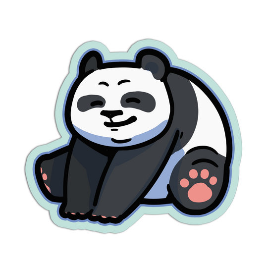 Cartoon panda sticker with a light blue border on a white background