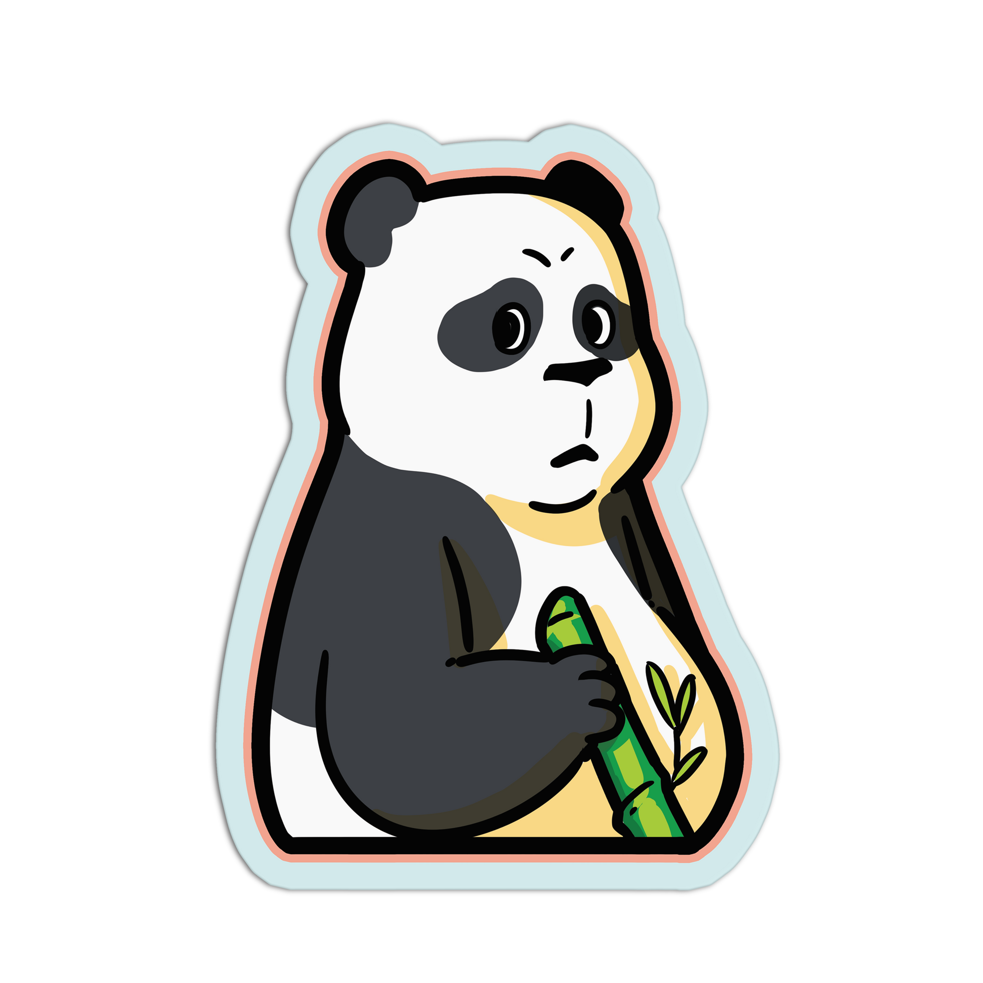 Cartoon panda holding a bamboo stick with a light blue border on a white background