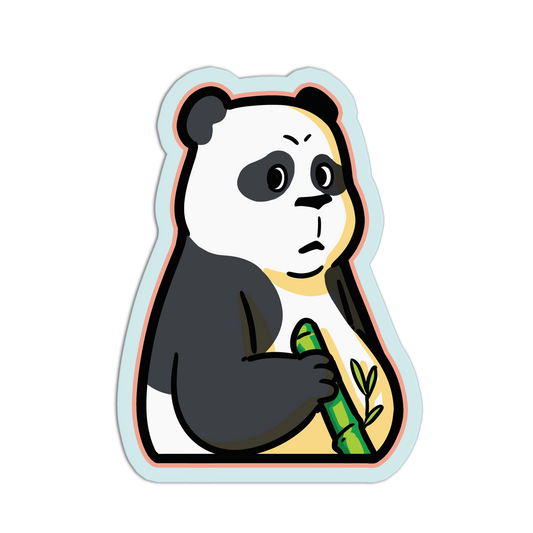 Cartoon panda holding a bamboo stick with a light blue border on a white background