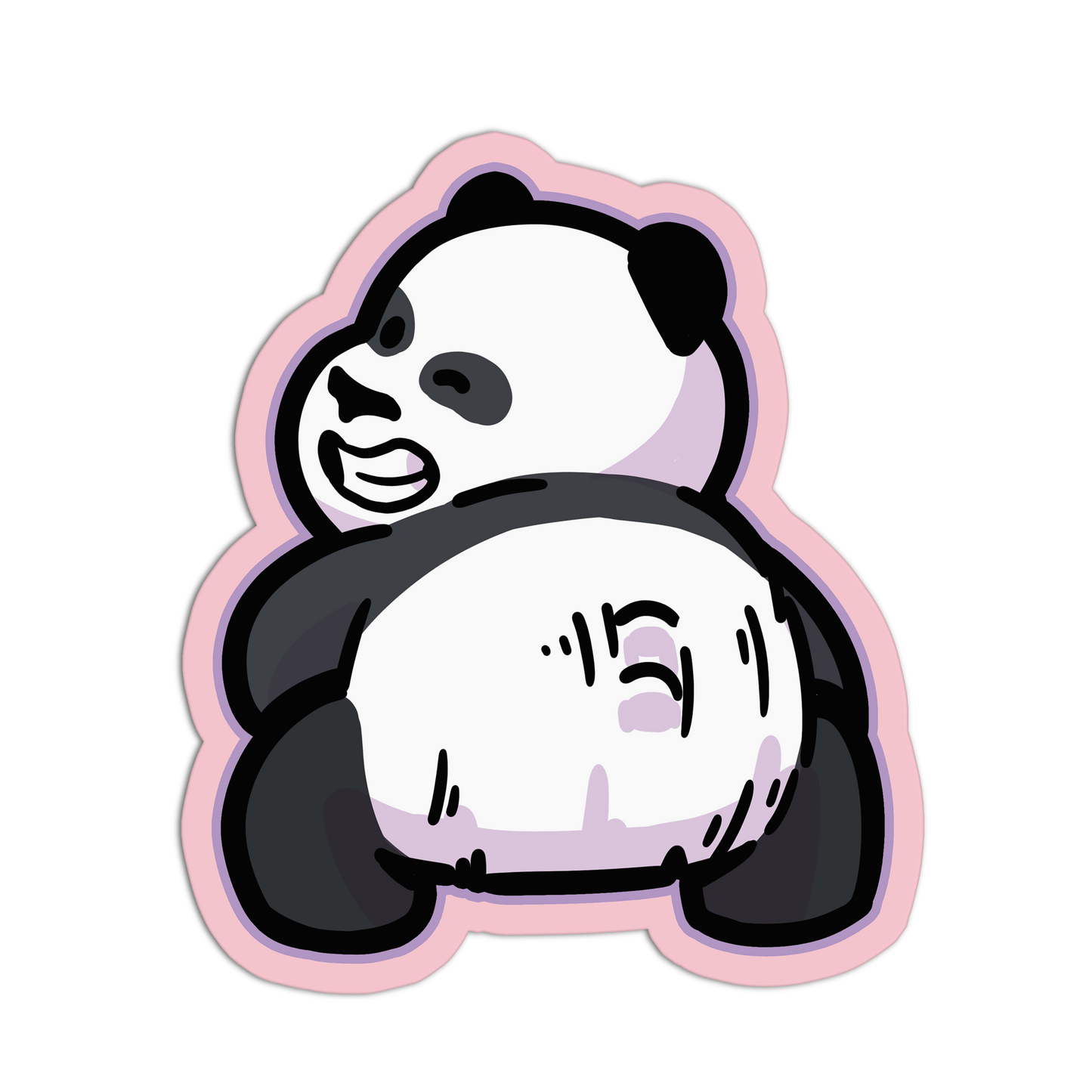 Cartoon panda sticker with a pink border on a white background