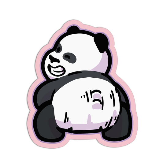 Cartoon panda sticker with a pink border on a white background