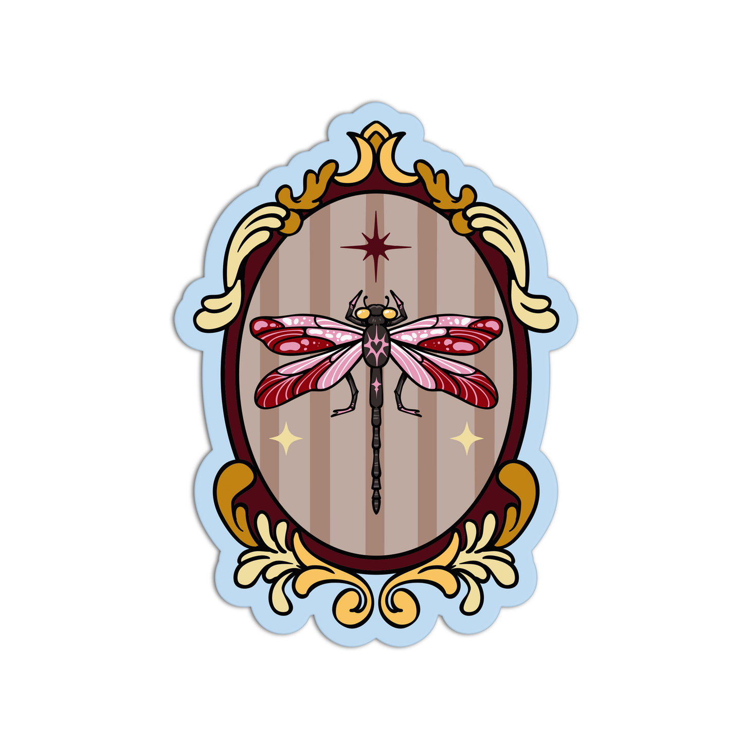 Decorative sticker with a pink dragonfly in an ornate frame on a white background