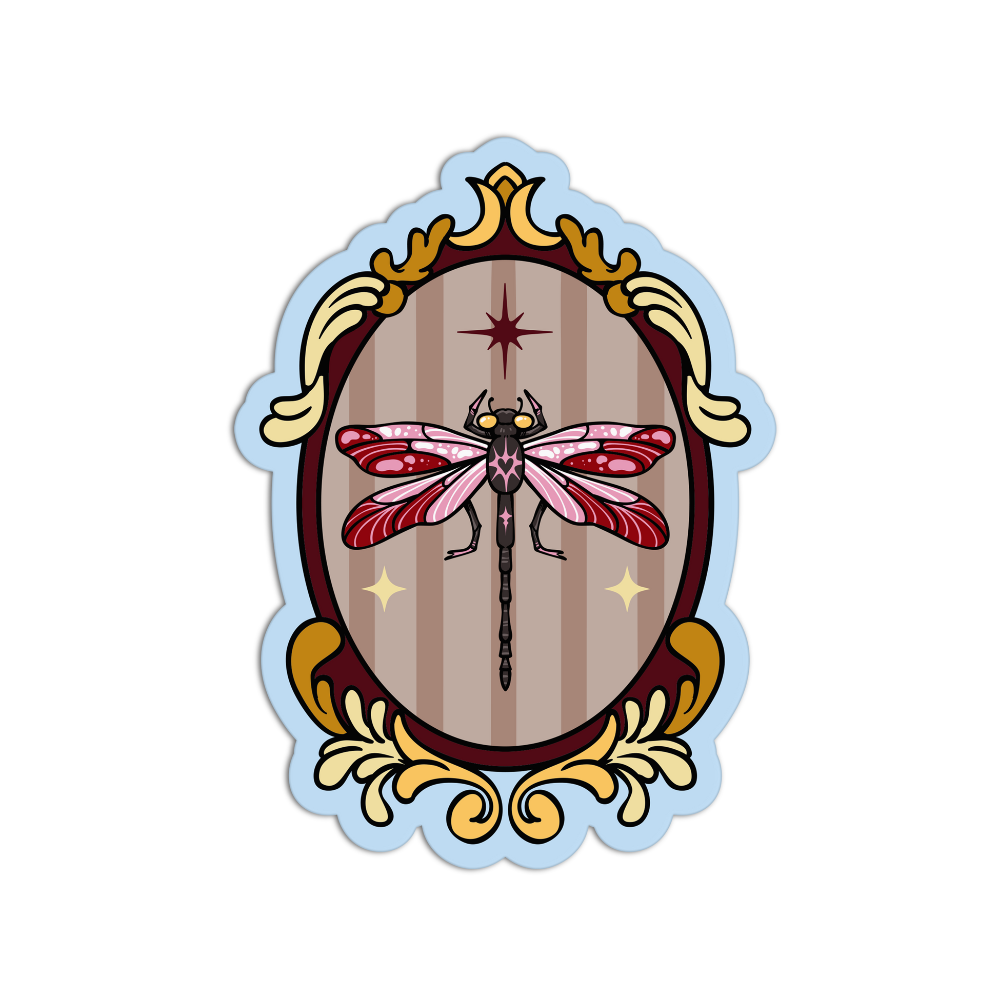 Decorative sticker with a pink dragonfly in an ornate frame on a white background