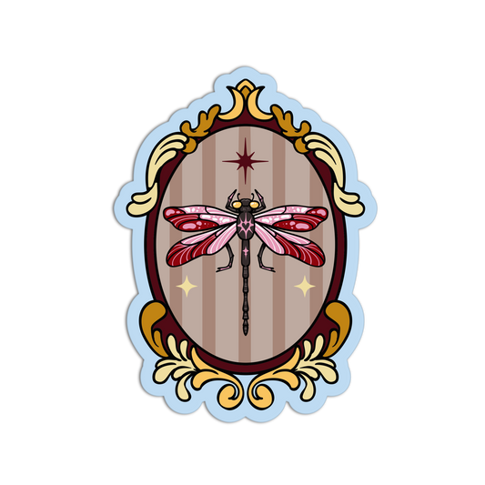 Decorative sticker with a pink dragonfly in an ornate frame on a white background