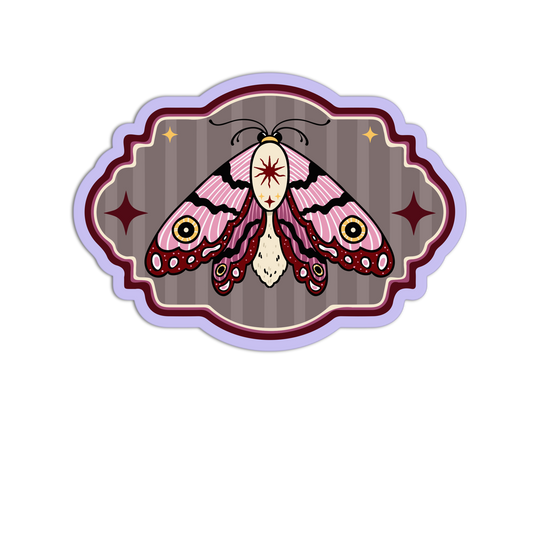 Decorative sticker with a pink moth design on a white background