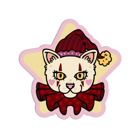 Cartoon cat with a red hat and bow tie on a pink and yellow star-shaped background