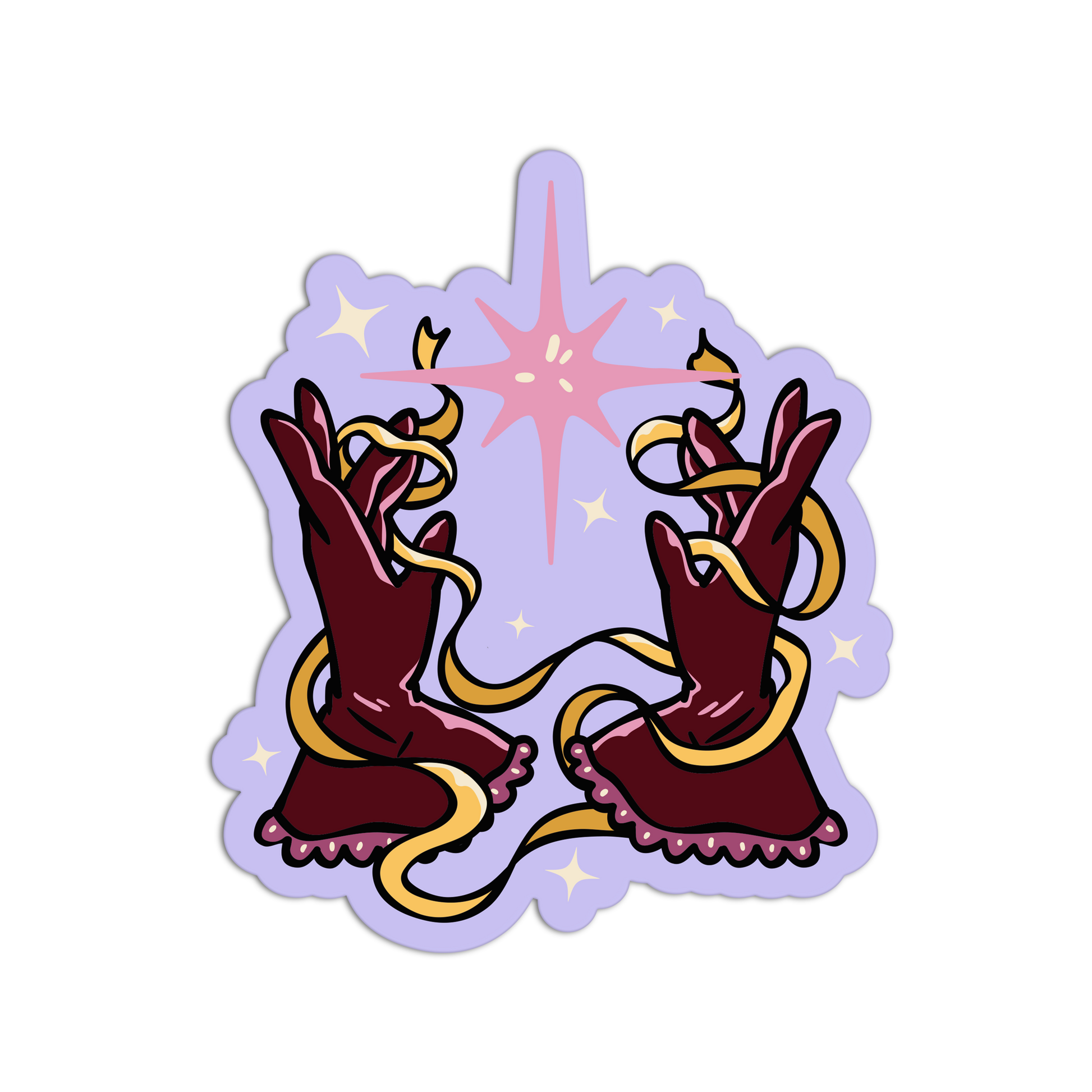 Sticker with two hands holding a snake and a star on a light purple background
