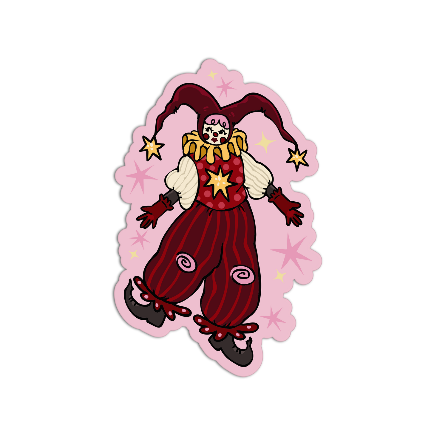 Cartoon clown character on a pink decorative background