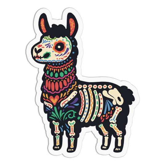 A die-cut sticker featuring a stylized llama or alpaca with a black body and colorful Day of the Dead inspired patterns, including bones, hearts, and floral motifs, shown on a plain white background.