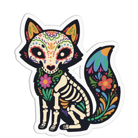 A die-cut sticker featuring a stylized black cat decorated with colorful Day of the Dead sugar skull and floral patterns, with visible skeletal bones on its neck and chest, shown on a plain white background.