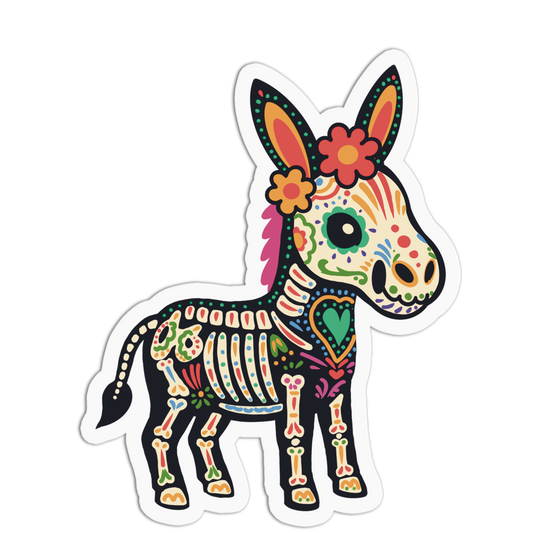 A die-cut vinyl sticker featuring a colorful sugar skull donkey with skeletal details, floral accents, and a white border on a plain white background.
