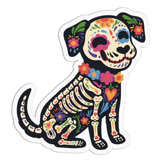 A die-cut sticker featuring a stylized sitting dog decorated with colorful floral and skeletal Day of the Dead artwork on a white background.