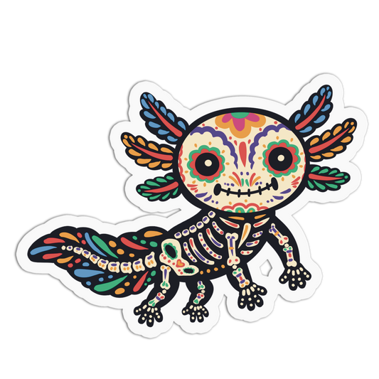 A die-cut sticker featuring a colorful sugar-skull axolotl with exposed bones and patterned fins, shown on a plain white background.