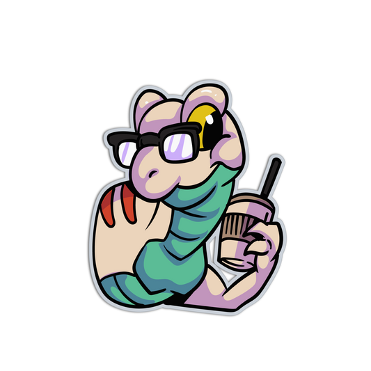 Cartoon snake character with sunglasses and a coffee cup on a white background