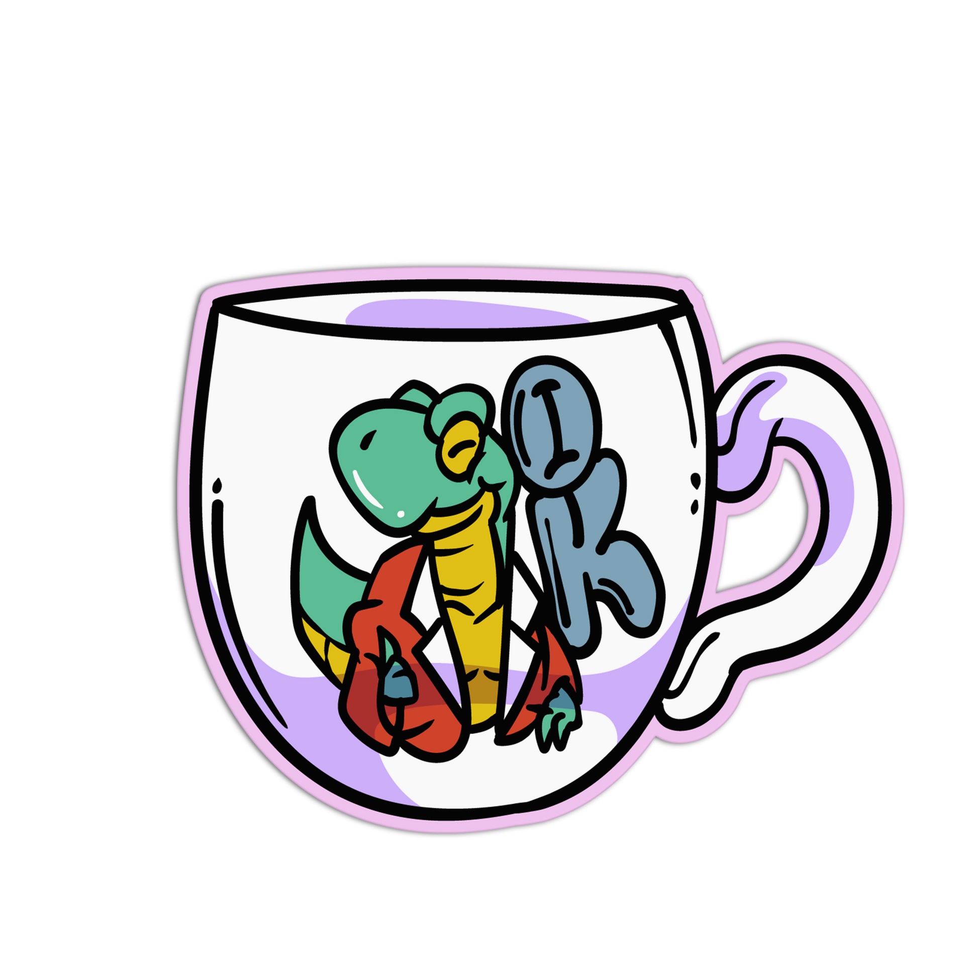 Cartoon dinosaur inside a transparent mug on a white background